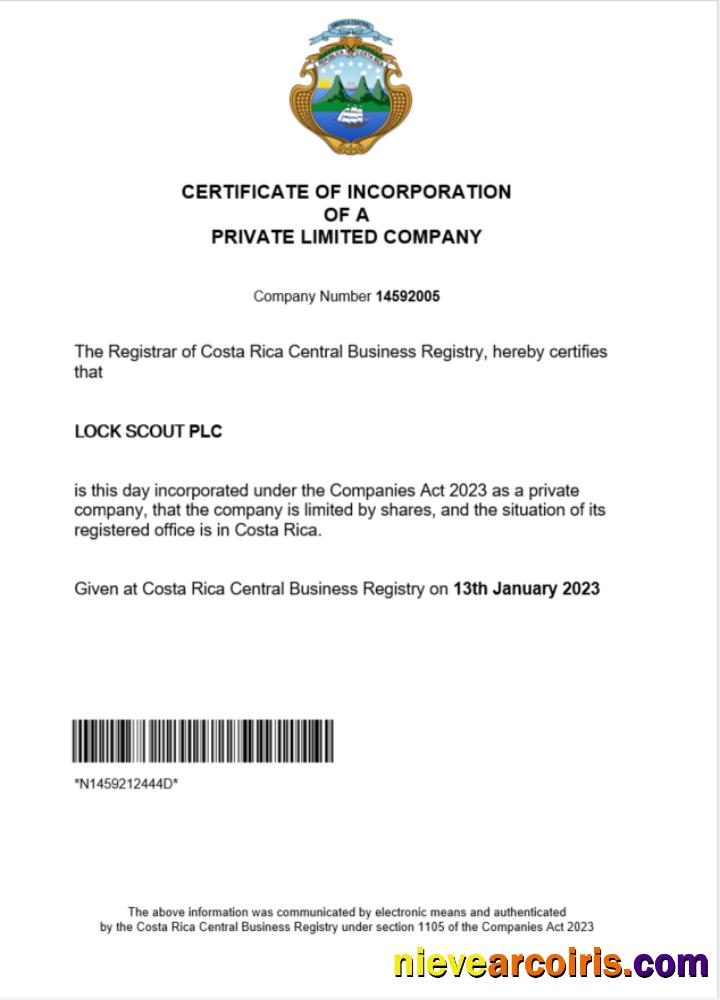 Costa Rica certificate of registration
